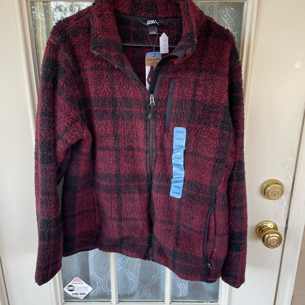 🍂 Eddie Bauer Ladies Fleece Jacket | Plaid Burgundy | Women’s Large | NWT